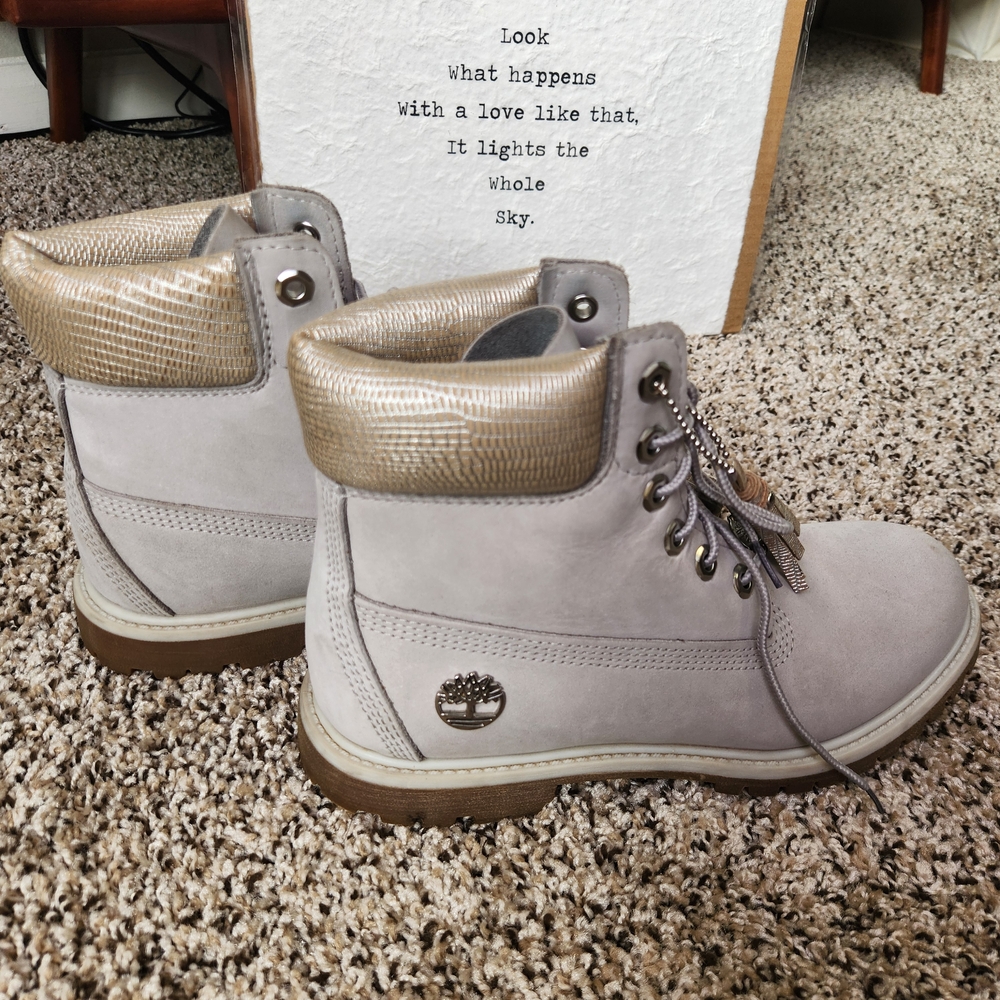 Timberland Women's Light Gray and Gold Moto Boots